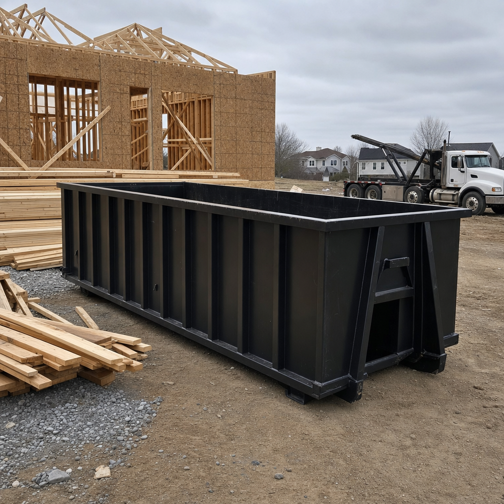 Matte-black 40-yard roll-off dumpster staged on a framed-out residential construction site in Washington, framing lumber stacked nearby, hooklift delivery truck visible in the background under bright Colorado daylight