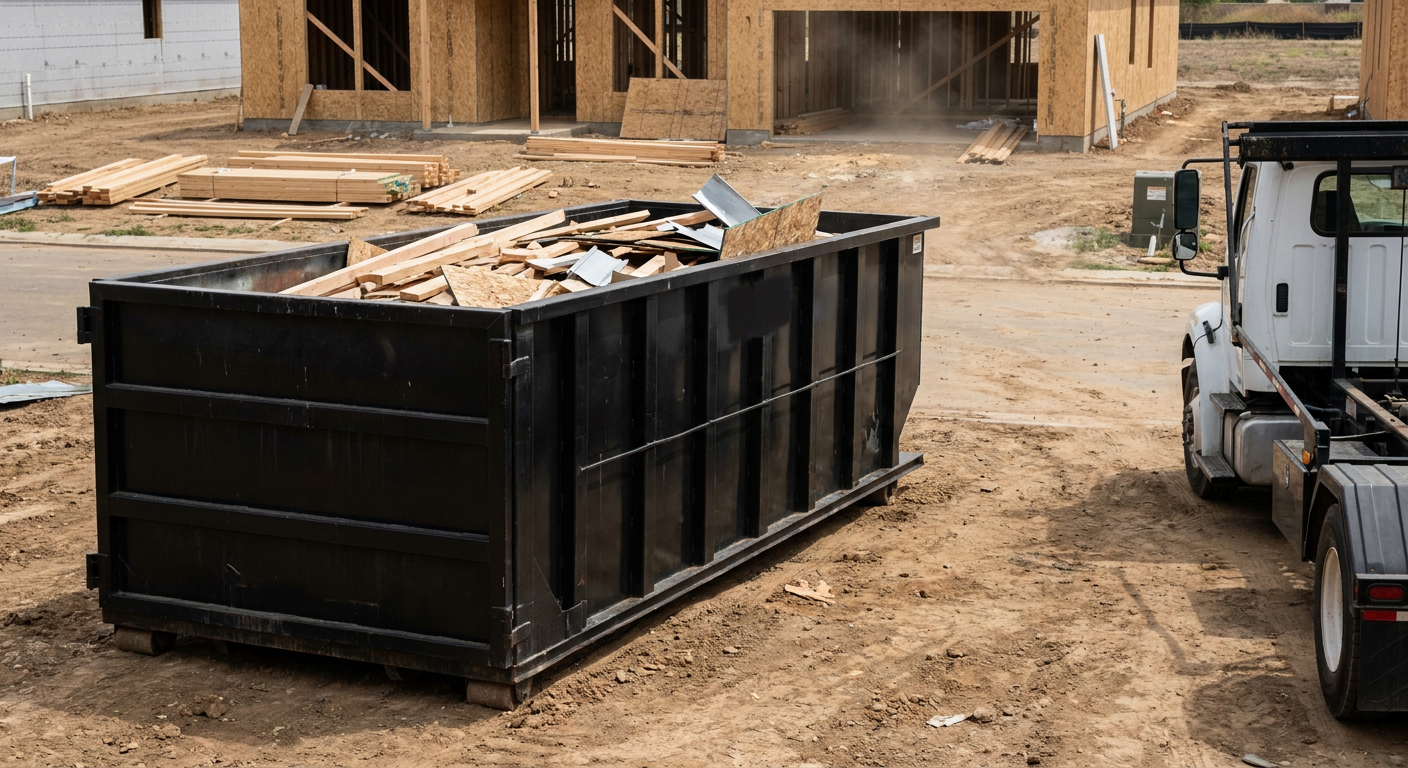 Matte-black 20-yard roll-off construction dumpster with heavy ribbed steel sidewalls and swing rear doors at a working jobsite in Washington, sitting directly on compacted dirt with an unmarked white hauler partially visible at the far edge of the frame.