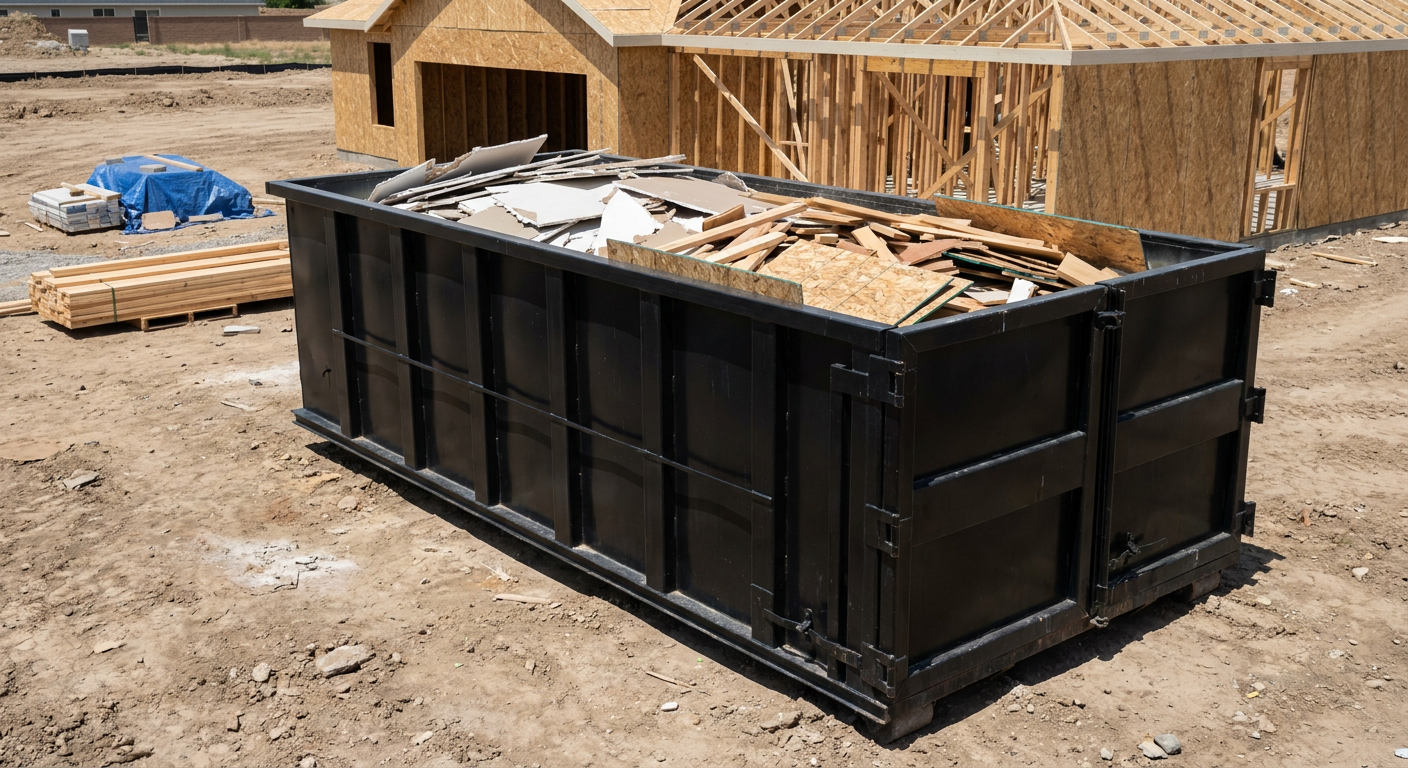 Matte-black 30-yard roll-off construction dumpster sitting directly on the compacted-dirt site of a framed single-family home build in Washington, drywall and lumber scrap loaded inside.