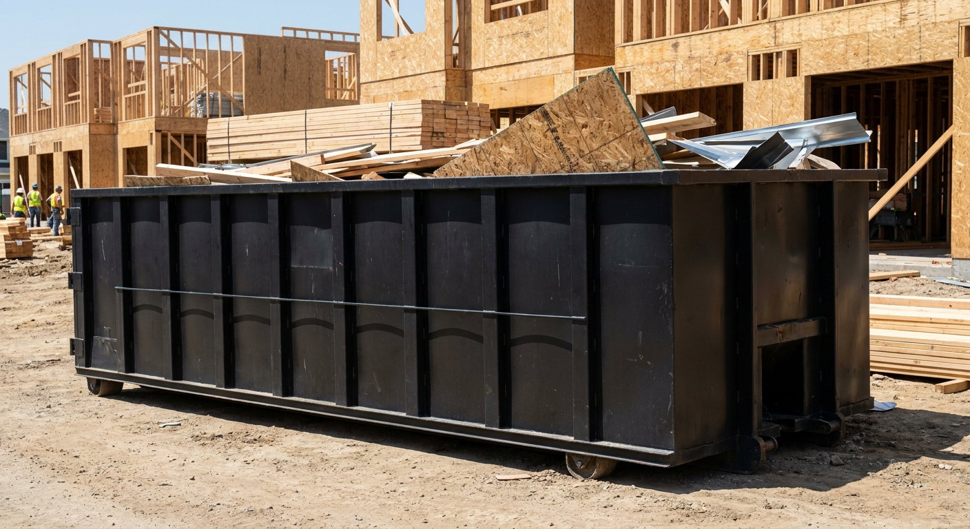 Matte-black 40-yard roll-off construction dumpster being lowered from a white-cab hooklift delivery truck onto the compacted-dirt jobsite at a commercial build site in Washington