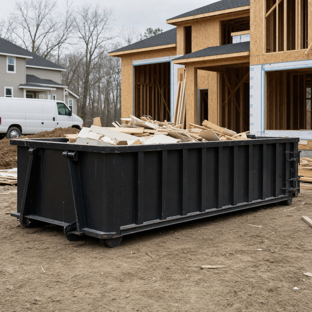 Worker in a yellow high-visibility vest tossing framing lumber and broken drywall into a matte-black 30-yard construction roll-off dumpster on an active build site in Washington, bright daylight