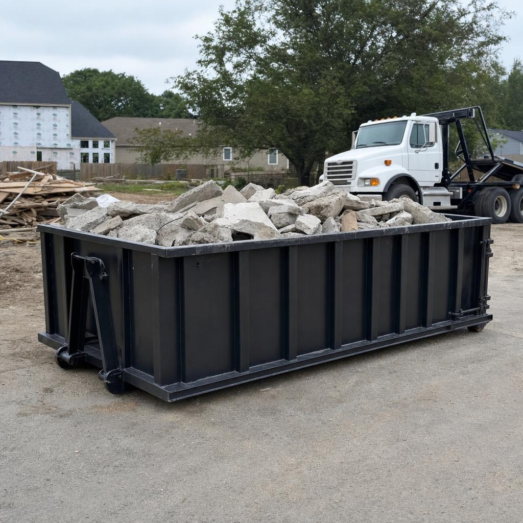 Low-profile matte-black lowboy roll-off dumpster loaded with broken concrete slab and rebar at a foundation tear-out in Washington, skid steer parked beside it, sunny Colorado morning
