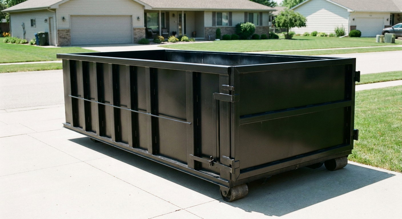 Matte-black 10-yard roll-off dumpster on a residential concrete driveway in Washington, uniformly painted matte black across every panel and rail, ribbed steel sidewalls and rear swing door visible, mid-day daylight.