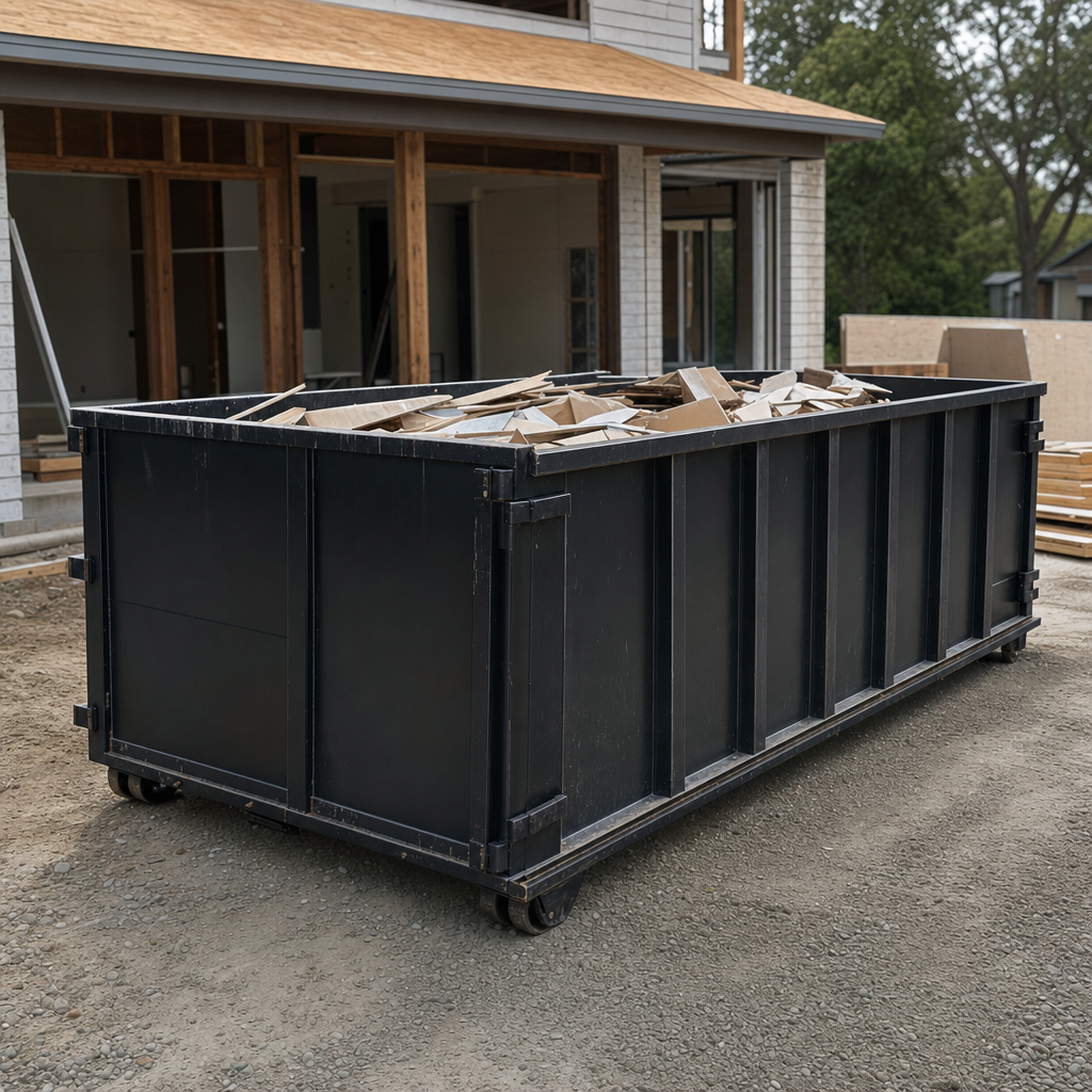 Large matte-black 30-yard construction roll-off dumpster at an active Washington jobsite, steel-gray top rails and bottom rollers visible, loaded with construction debris.