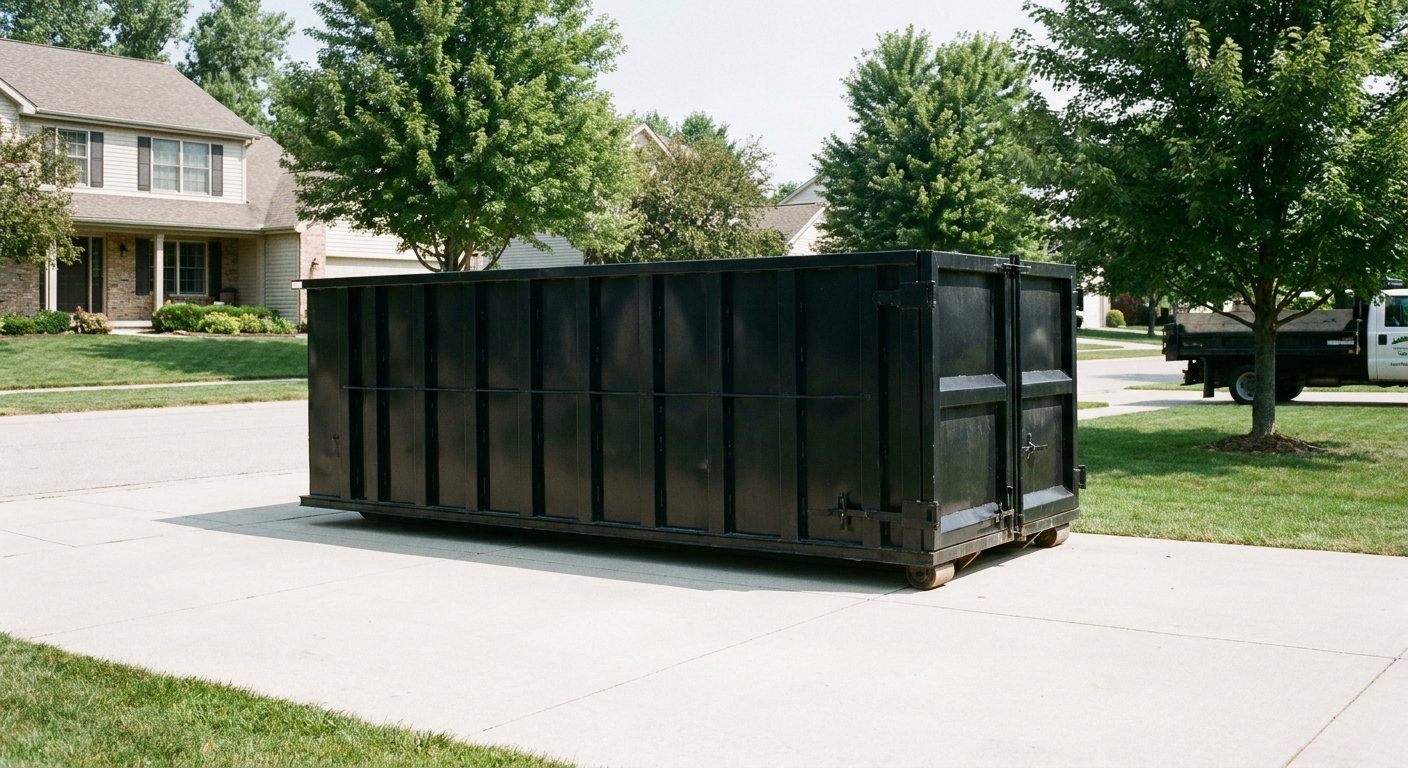 Matte-black 20-yard roll-off dumpster sitting level on a clean Washington residential concrete driveway under bright daylight, demonstrating clean placement directly on the concrete.
