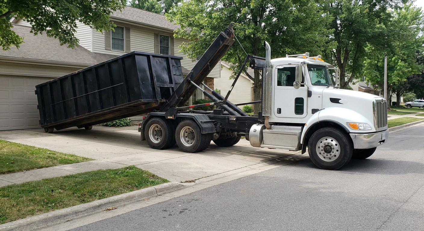 White-cab hooklift roll-off truck actively lowering a matte-black dumpster onto a Washington residential concrete driveway, the dumpster's rear wheels touching the driveway as the hoist arm tilts the bed forward, mid-morning daylight.