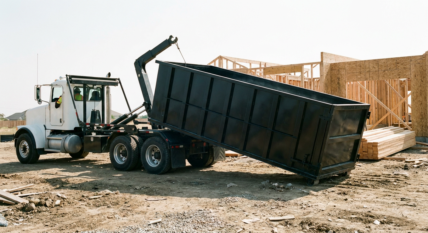 Matte-black roll-off dumpster being delivered onto a clean residential concrete driveway in Washington by an unmarked white hooklift hauler truck, bright morning daylight, documentary 35mm perspective.