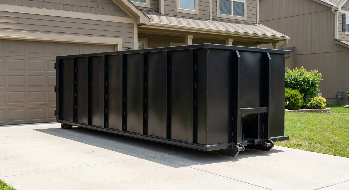 Matte-black residential roll-off dumpster sitting directly on a suburban Washington concrete driveway, garage door closed, single-family home in background, bright morning daylight.