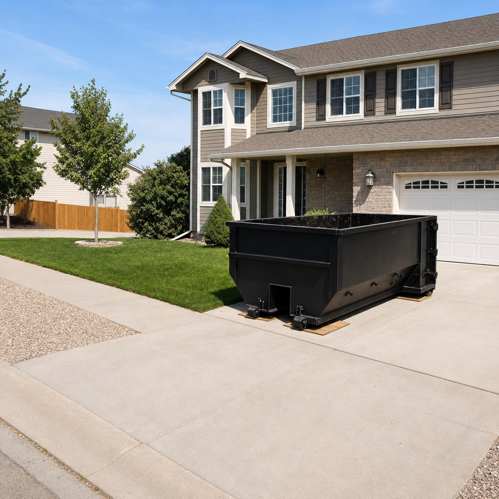 10-yard matte-black residential dumpster placed directly on a narrow Washington concrete driveway, room remains for a parked sedan beside it, mid-morning natural light
