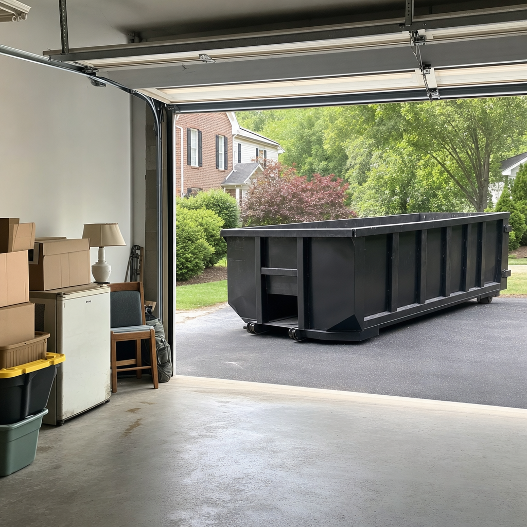 Open garage interior in a Washington home mid-cleanout — boxed items, an old appliance, and stacked yard tools queued near the driveway for a matte-black roll-off dumpster, organized and calm