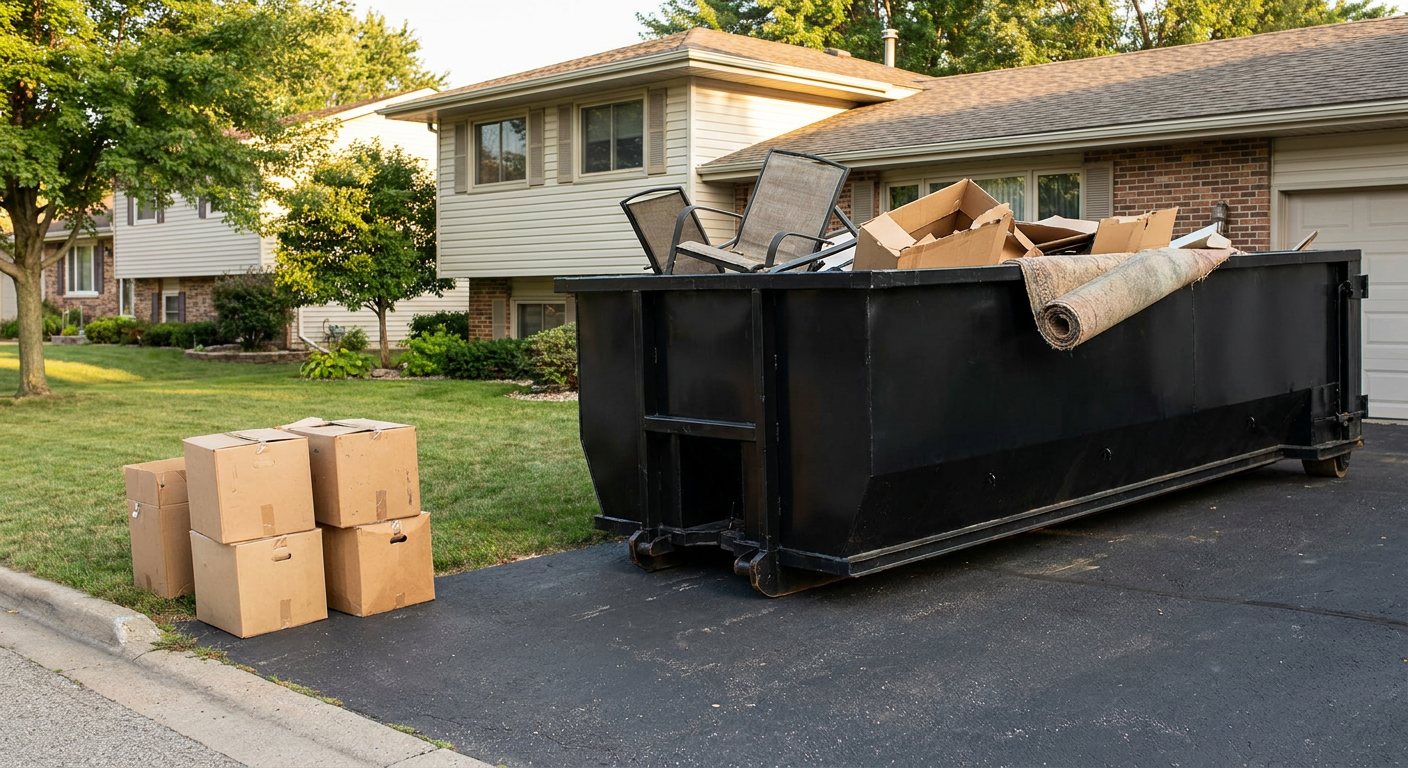 Front-yard view of a Washington split-level home with a 20-yard matte-black roll-off dumpster sitting directly on the asphalt driveway, a few clearly labeled donation boxes staged at the curb, calm sunny afternoon.