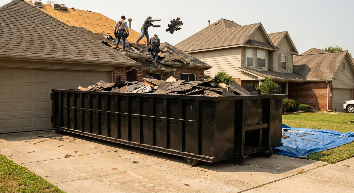 Matte-black roofing roll-off dumpster placed directly on a Washington residential concrete driveway, a tear-off crew on a two-story asphalt-shingle roof tossing shingle bundles into the low-walled container, bright daylight, documentary 35mm perspective.