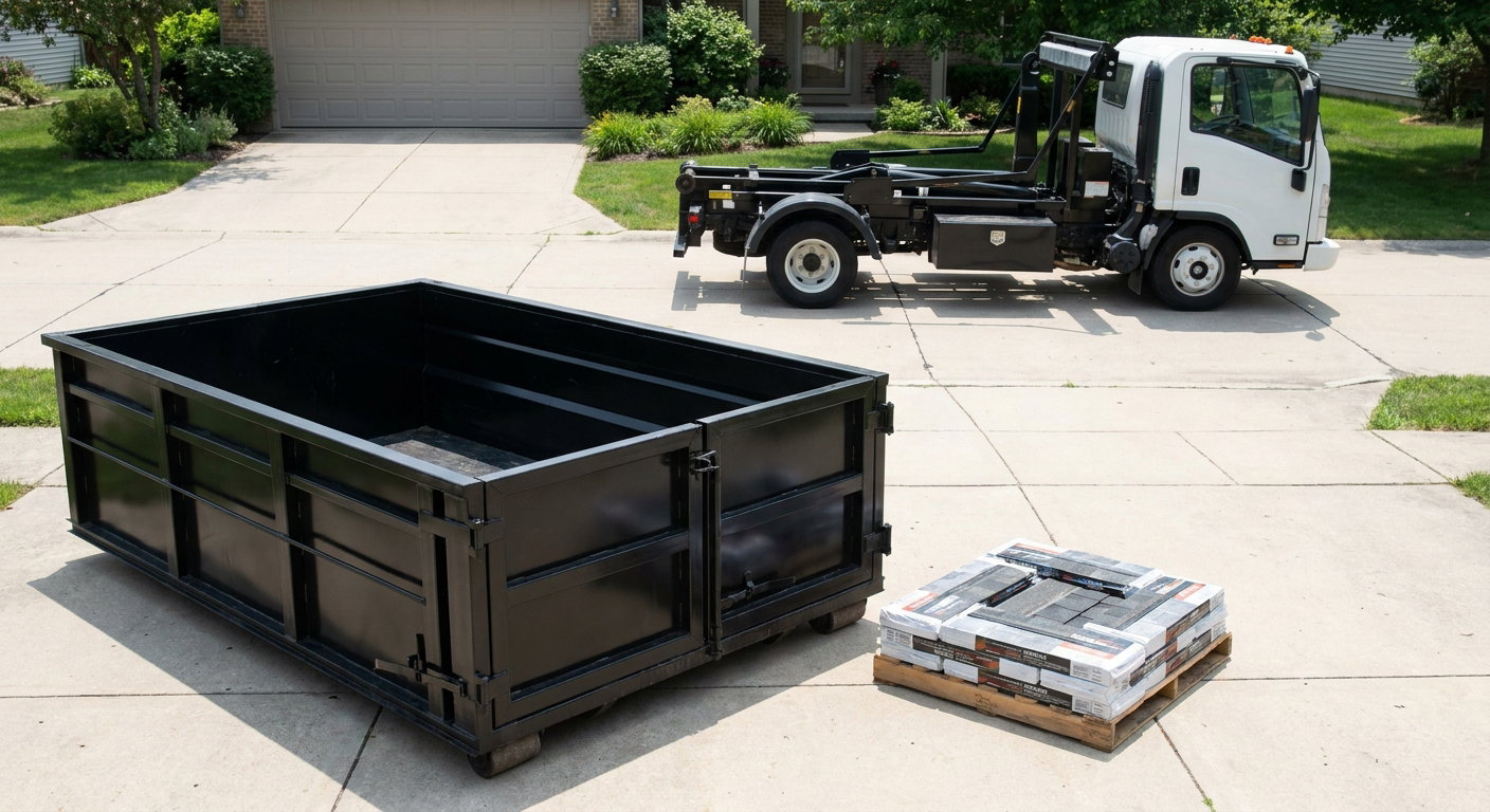 Matte-black 15-yard roofing roll-off dumpster with reinforced low side walls sitting directly on a Washington residential concrete driveway, three-tab asphalt shingle bundles stacked nearby, an unmarked white hauler truck partially visible at the edge of the frame.
