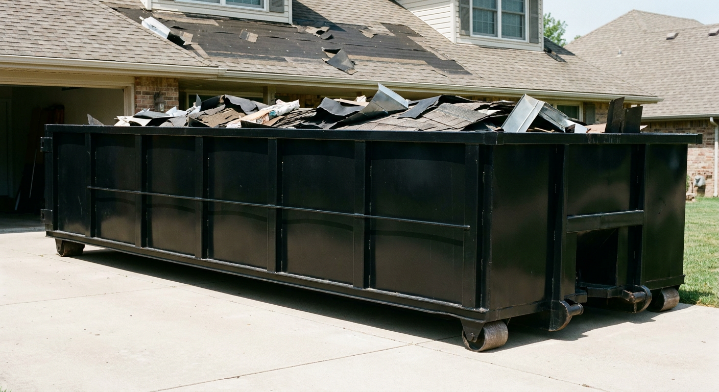 Matte-black 20-yard roofing roll-off dumpster with steel ribbed sides and swinging rear door, sitting directly on the concrete driveway of a two-story Washington home, asphalt shingle debris being loaded over the low wall, clean documentary lighting.