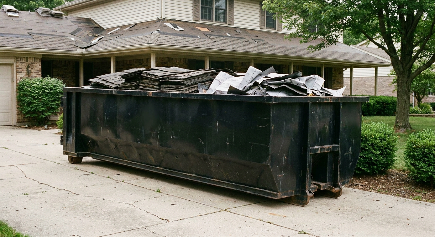 Matte-black 30-yard roofing roll-off dumpster sitting directly on a Washington concrete driveway, taller ribbed steel side panels, mixed tear-off debris of asphalt shingles and underlayment inside, professional documentary daylight.