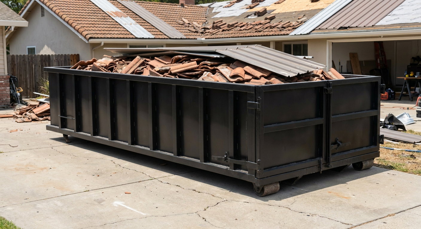 Matte-black low-wall heavy-debris roofing roll-off dumpster sitting directly on a Washington concrete driveway, broken concrete clay roof tiles and metal panel sections loaded inside, reinforced ribbed steel side walls visible, bright outdoor daylight.