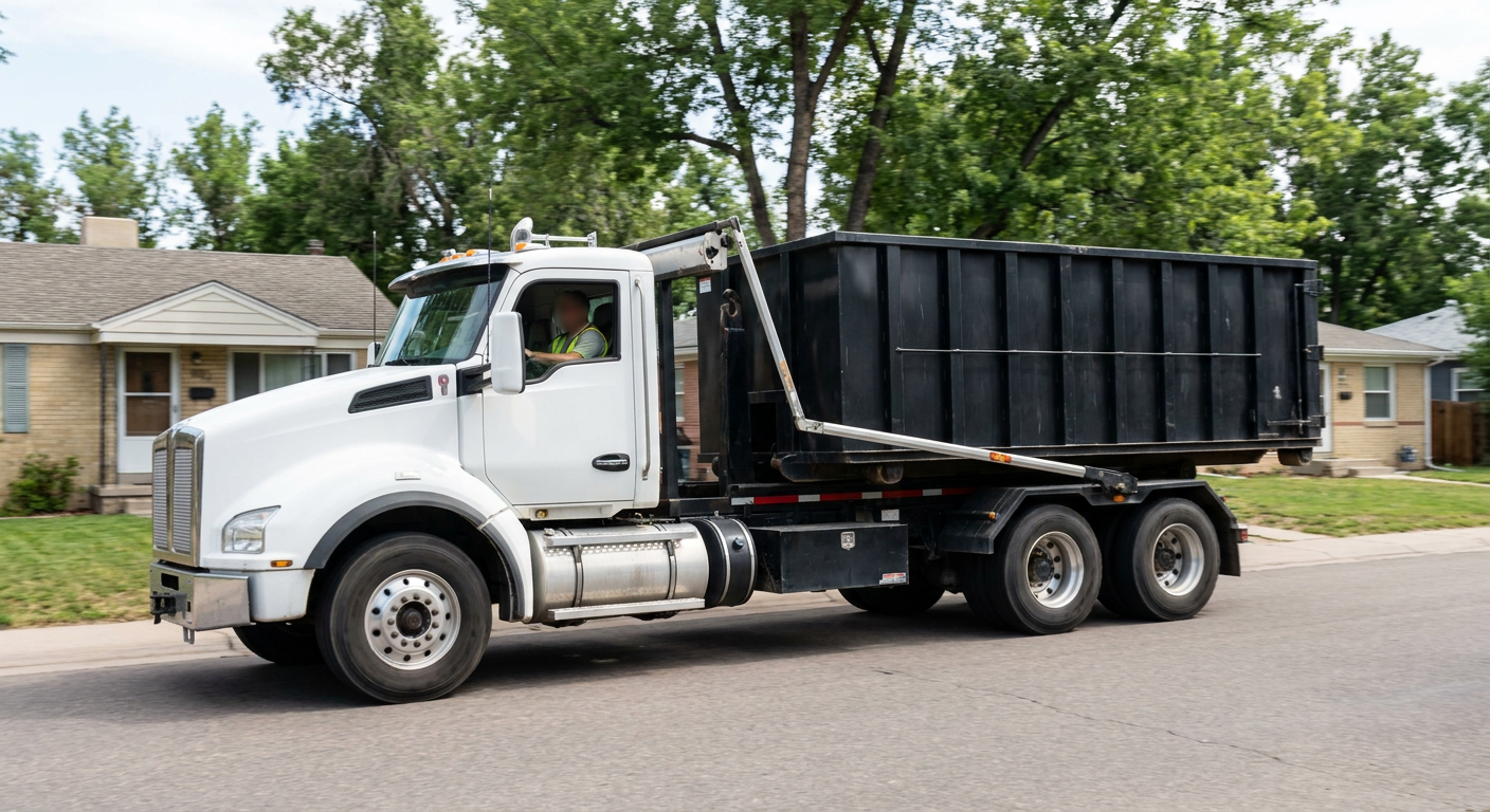 A wide documentary shot of a matte-black roll-off delivery truck pulling onto a quiet Washington residential street at mid-morning, with neighborhood rooftops and tree-lined blocks visible behind, showing the metro coverage footprint.