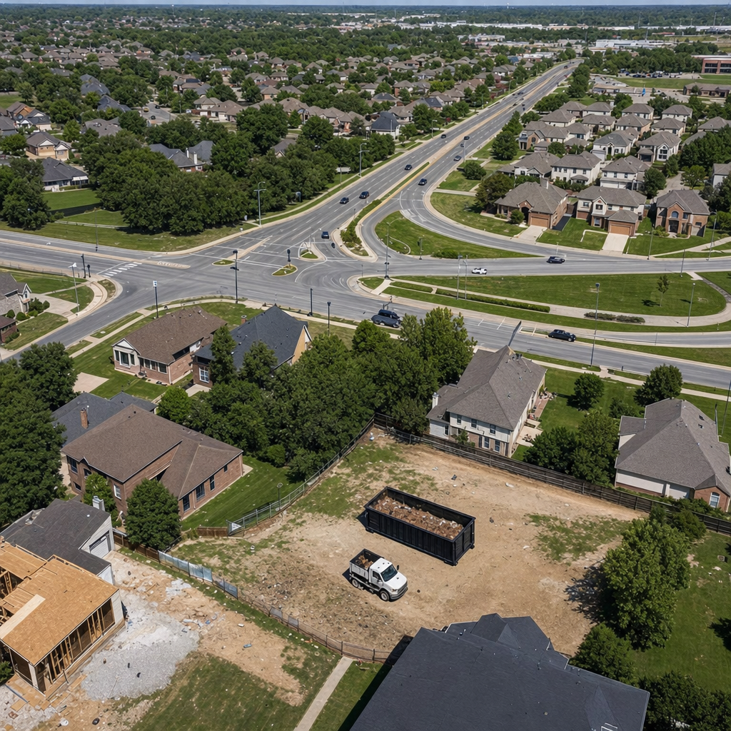 An overhead documentary view of the Washington metro area at midday, showing the spread of neighborhoods, arterial roads, and the dispatch radius from a central yard — clean daylight, organized geographic layout.