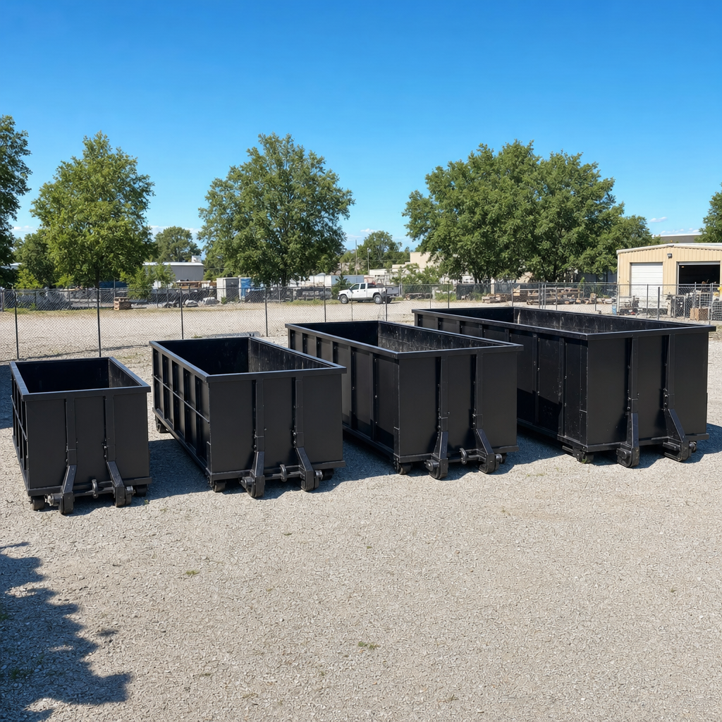 A clean lineup of matte-black roll-off dumpsters in 10, 20, 30, and 40-yard sizes staged on a sunlit gravel yard in Washington, showing the size progression from compact to commercial-scale containers.