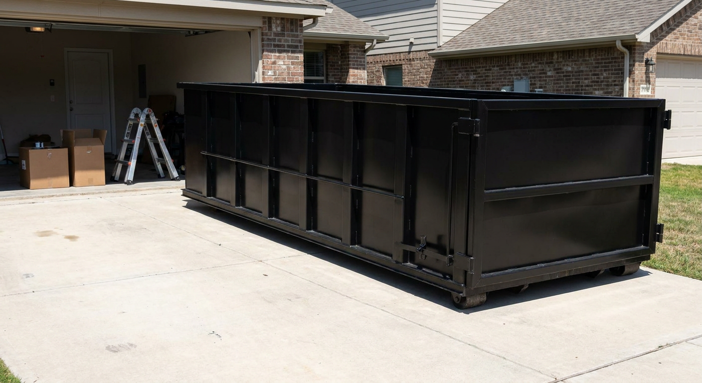 A matte-black 10-yard roll-off dumpster sitting directly on a residential Washington concrete driveway, mid-day sunlight, clean and ready for a garage cleanout.