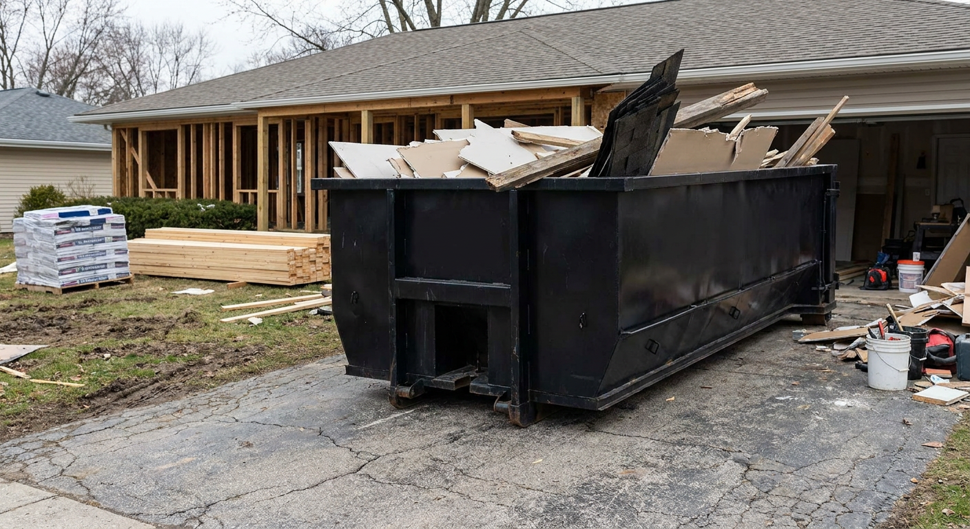 A matte-black 20-yard roll-off dumpster placed alongside a mid-renovation Washington home directly on the asphalt driveway, with framing materials and torn-off shingles staged neatly nearby.