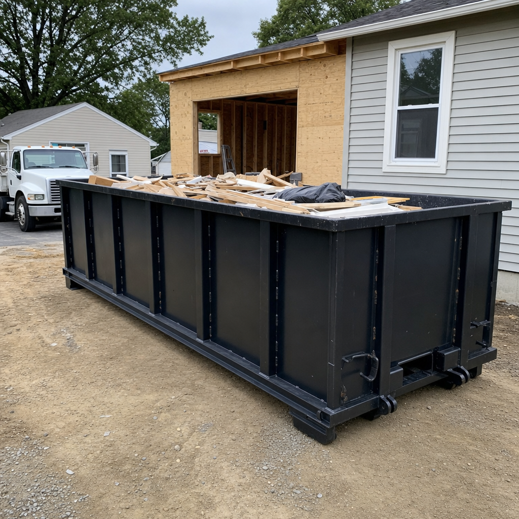 A matte-black 30-yard roll-off dumpster positioned at a Washington residential addition jobsite, with framing lumber and drywall scraps loaded through the open swinging rear doors.