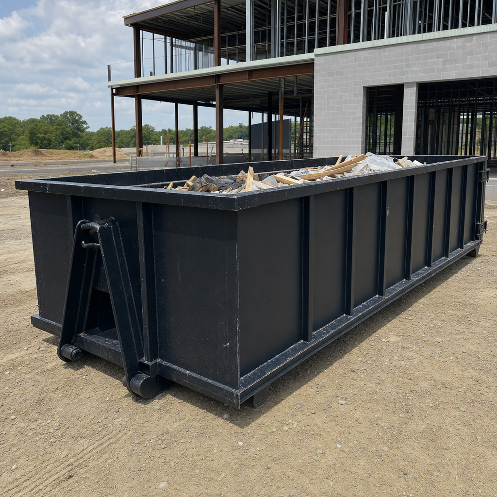 A matte-black 40-yard roll-off dumpster staged on a large Washington commercial construction lot, with a hooklift delivery truck parked alongside under bright midday sky.