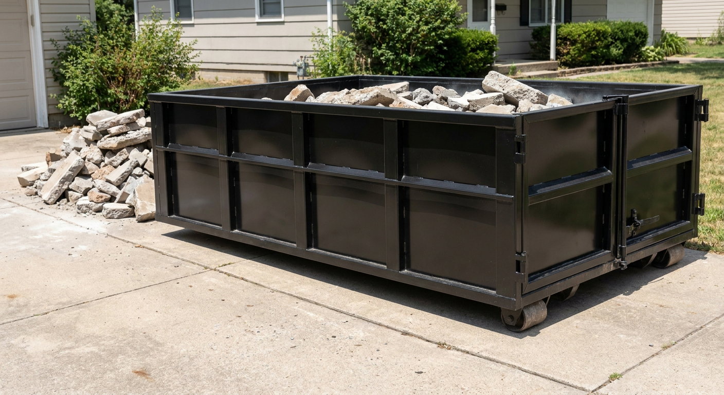 A matte-black low-side heavy-debris roll-off dumpster placed directly on a Washington concrete driveway, with broken concrete chunks neatly stacked beside it under clean daylight.